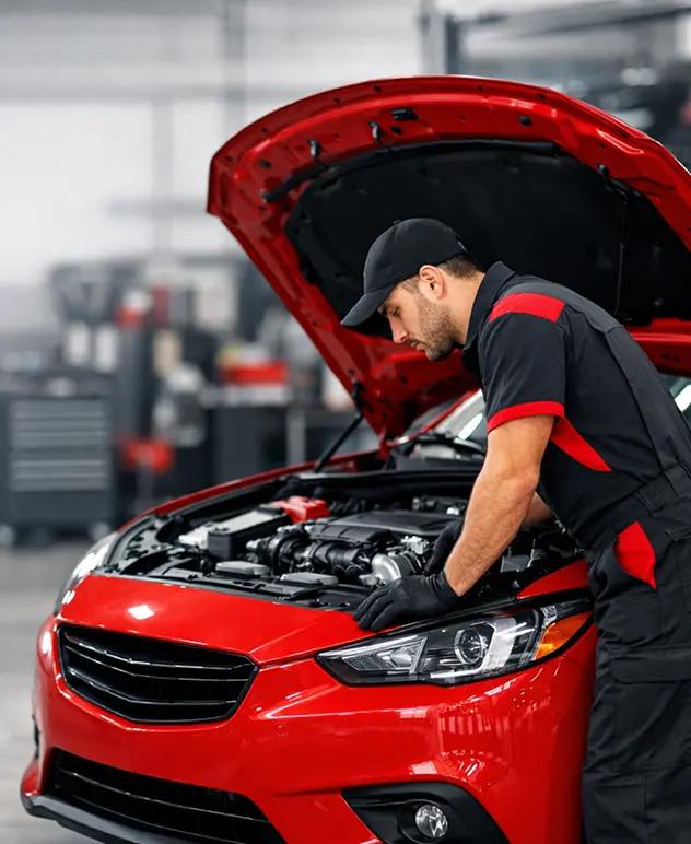 Механик в черно-красной форме осматривает двигатель красного автомобиля с открытым капотом в автосервисе.