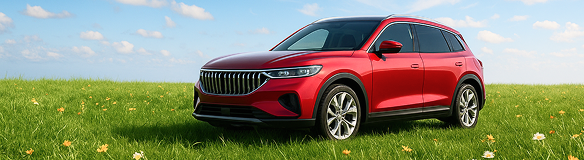 Красный кроссовер стоит на зелёном лугу под голубым небом.